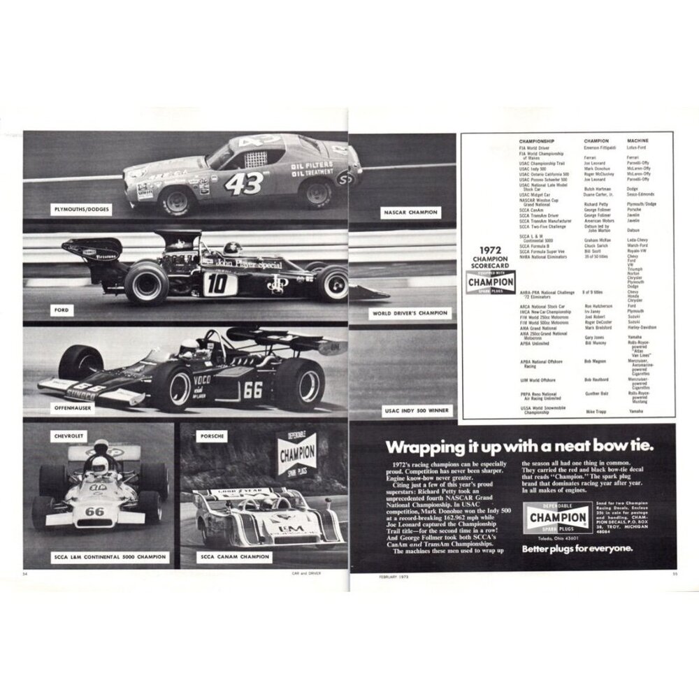 1973 Champion Spark Plugs 2 Page Vintage Print Ad Race Series Winners Wall Art